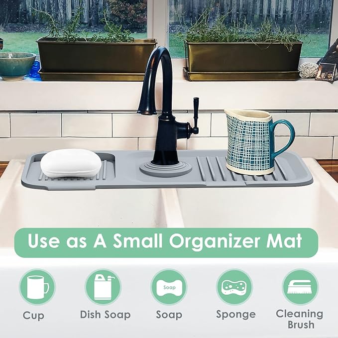 Sink Splash Guard Kitchen Gadgets - Silicone Faucet Handle Drip Catcher Tray Mat, Sink Protectors for Kitchen Sink, Water Splash Guard Behind Faucet as Dish Soap Sponge Holder for Kitchen Bathroom RV