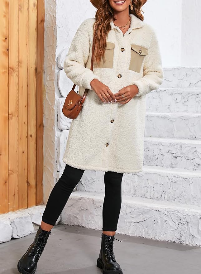 EVALESS Fuzzy Fleece Jackets for Women Fashion Long Sleeve Lapel Button Down Long Teddy Coat Faux Fur Warm Winter Outwear