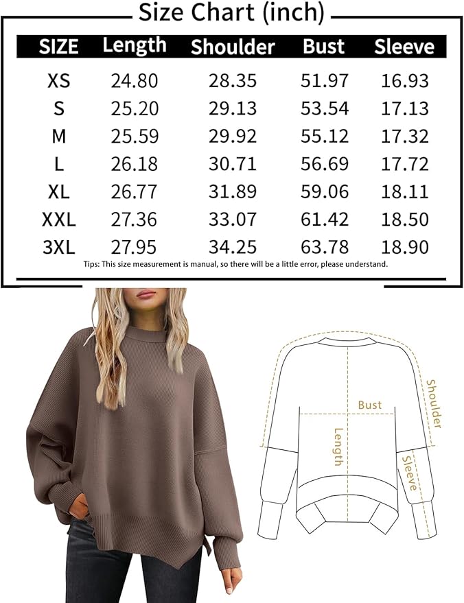 LILLUSORY Women's Oversized Batwing Sweaters 2024 Fall Outfits Crewneck Ribbed Knit Side Slit Trendy Pullover Tops