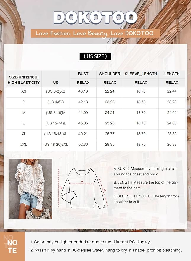 Dokotoo Womens Crewneck Crochet Lace Long Sleeve Hollow Out Cable Knit Sweaters Pullover Tops