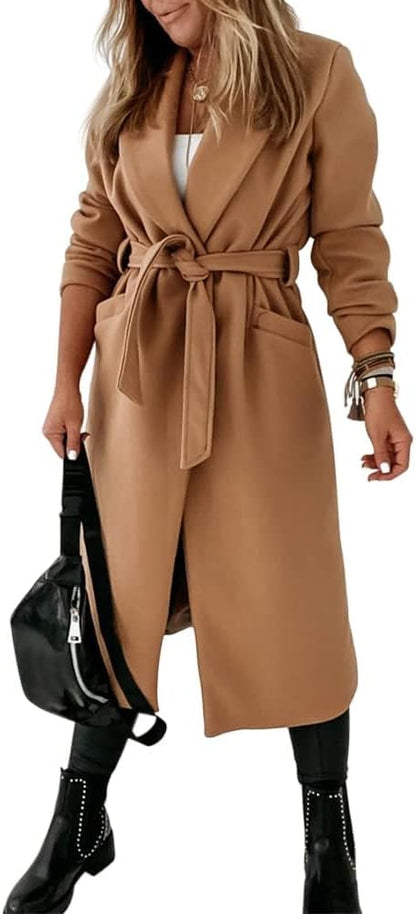 Womens Classic Coat Lapel Collar Open Front Belted Long Jacket