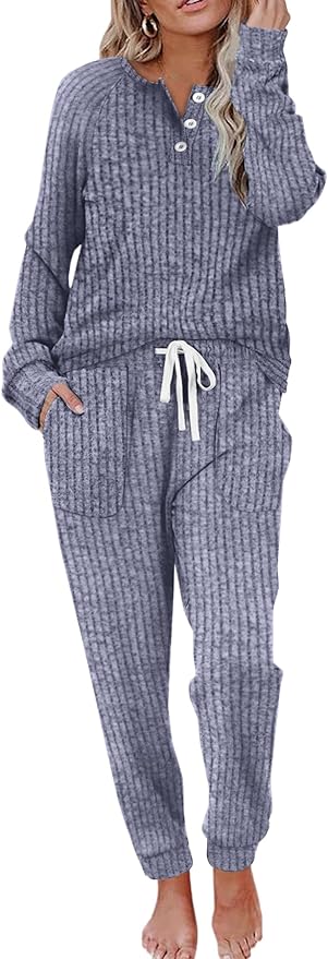 WIHOLL Two Piece Outfits for Women Lounge Sets Button Down Sweatshirt Sweatpants Sweatsuits Set with Pockets